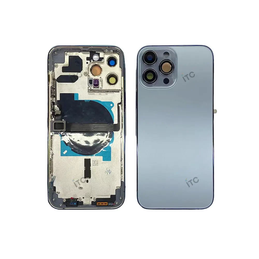 iPhone 13ProMax バックガラス(フレーム一体型)  青 ロゴなし 互換品